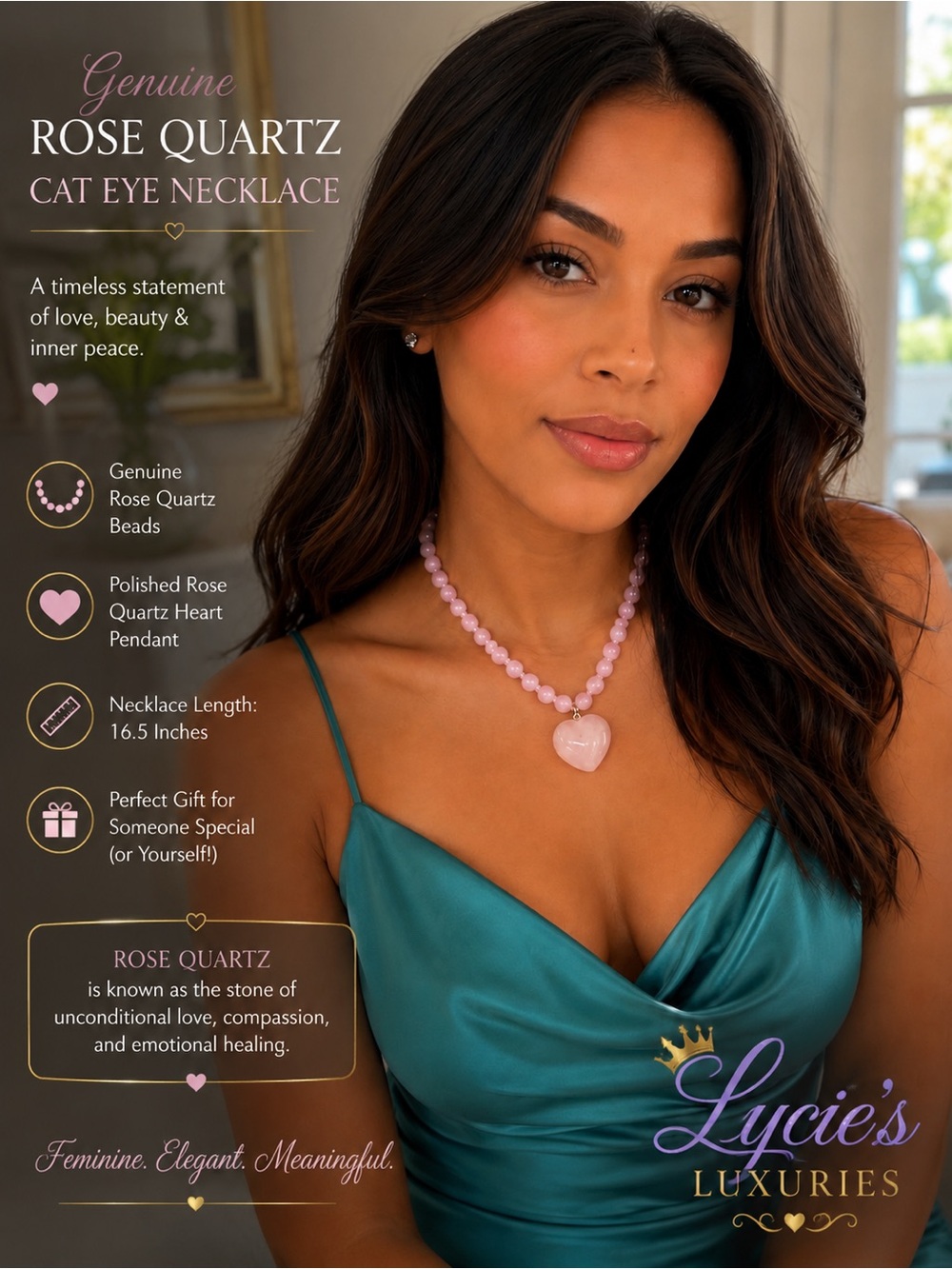 Mayamar Genuine Rose Quartz Heart Necklace 16.5” - Picture 5 of 5